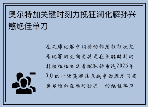 奥尔特加关键时刻力挽狂澜化解孙兴慜绝佳单刀 奥尔特加关键时刻力挽狂澜化解孙兴慜绝佳单刀